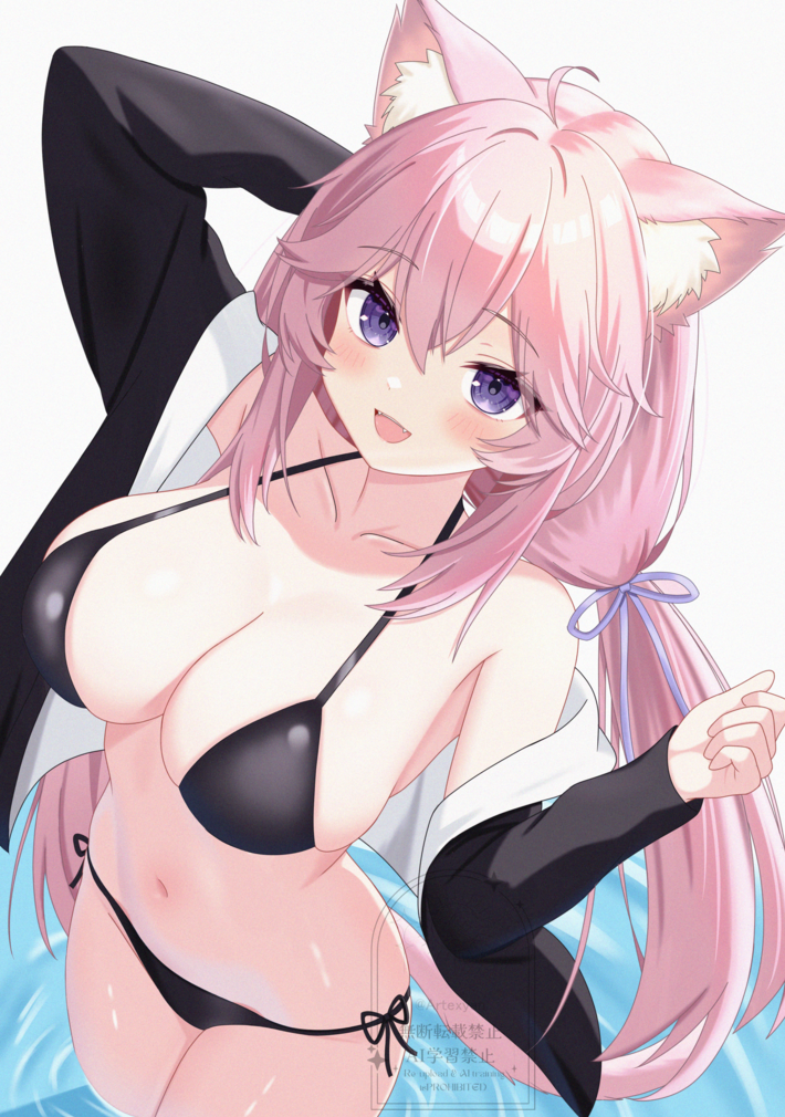 1girl, ahoge, alternate_breast_size, animal_ears, artexyan, bikini, black_bikini, black_jacket, blush, breasts, cat_ears, cat_girl, cleavage, hair_ribbon, indie_virtual_youtuber, jacket, large_breasts, long_hair, looking_at_viewer, low_twintails, nyatasha_nyanners, open_mouth, pink_hair, purple_eyes, purple_ribbon, ribbon, smile, solo, swimsuit, twintails, very_long_hair, virtual_youtuber, water