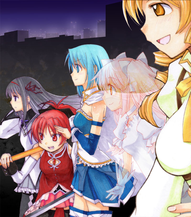 10s, 5girls, akemi_homura, akemi_homura_(magical_girl), argyle_clothes, argyle_legwear, bare_shoulders, black_hair