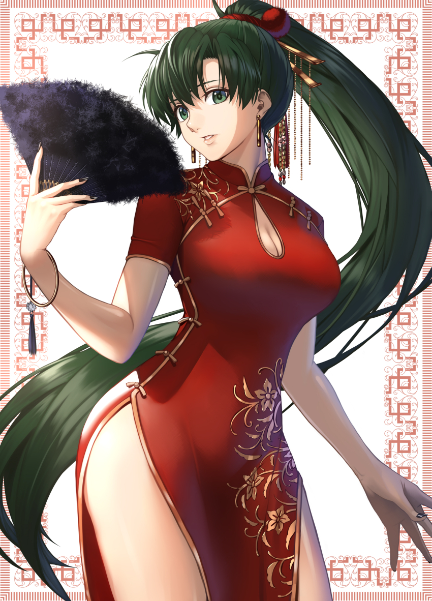 1girl, absurdres, alternate_costume, black_nails, breasts, china_dress, chinese_clothes, cleavage_cutout, clothing_cutout, commentary_request, delsaber, dress, earrings, fingernails, fire_emblem, fire_emblem:_the_blazing_blade, fur_fan, gold_trim, green_eyes, green_hair, hand_fan, highres, holding, holding_fan, jewelry, large_breasts, lips, long_hair, looking_at_viewer, lyn_(fire_emblem), nintendo, parted_lips, pink_lips, ponytail, red_dress, short_sleeves, side_slit, smile, solo, thighs, very_long_hair