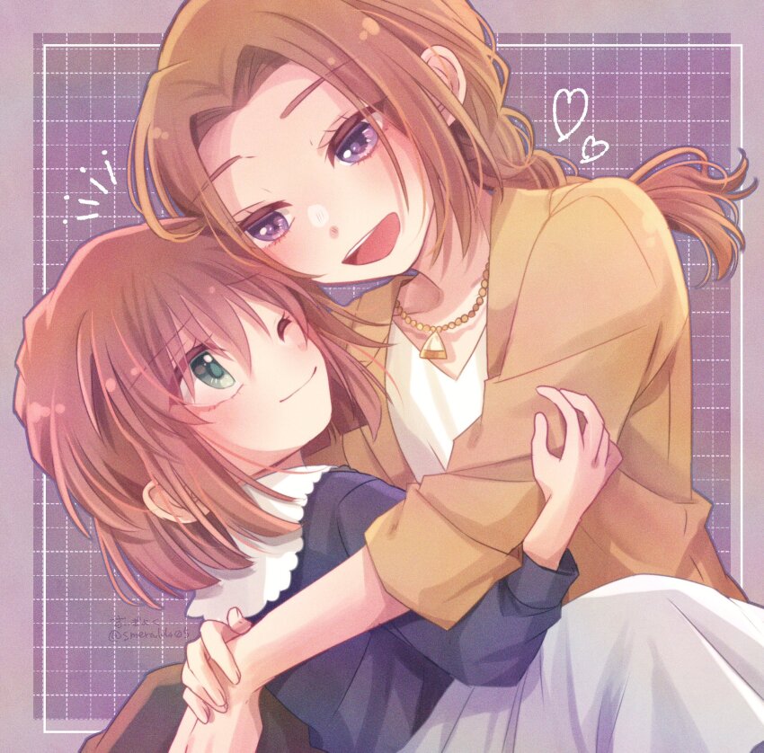 2girls, :d, ;), artist_name, black_shirt, blue_eyes, breasts, brown_jacket, closed_mouth, eye_contact, green_eyes, grid_background, haibara_ai, heart, highres, hug, jacket, jewelry, long_hair, long_sleeves, looking_at_another, meitantei_conan, meitantei_conan_kurogane_no_submarine, multiple_girls, naomi_argento, necklace, notice_lines, one_eye_closed, open_mouth, purple_background, purple_eyes, shirt, short_hair, skirt, smile, suigyoku_(smeraldo), teeth, twitter_username, upper_teeth_only, white_shirt, white_skirt, yuri