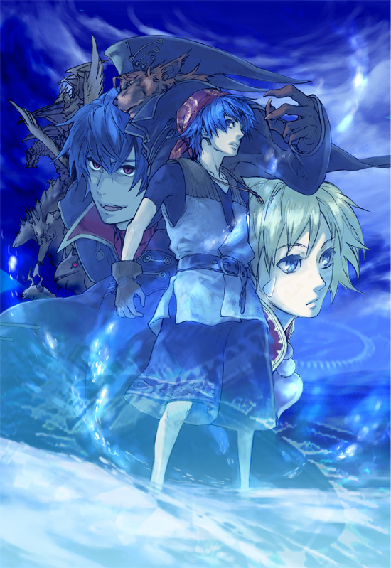 1girl, 2boys, bad_id, bad_pixiv_id, bandana, beads, blonde_hair, blue_eyes