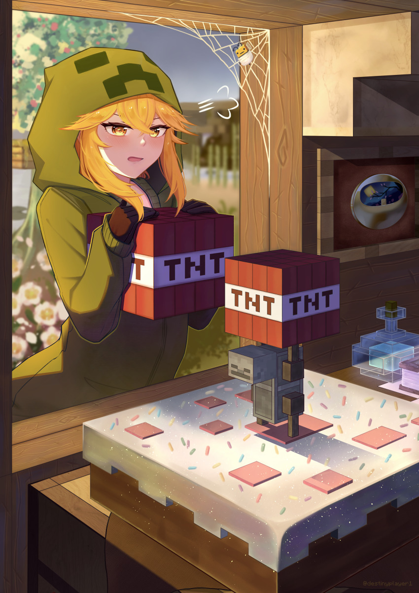 1girl, absurdres, creeparka, creeper, cupa_(at2.), destinyplayer1, explosive, green_hoodie, highres, holding_block, hood, hooded_jacket, hoodie, jacket, long_hair, long_sleeves, minecraft, mob_talker, open_mouth, orange_hair, personification, solo, tnt, tnt_block_(minecraft)