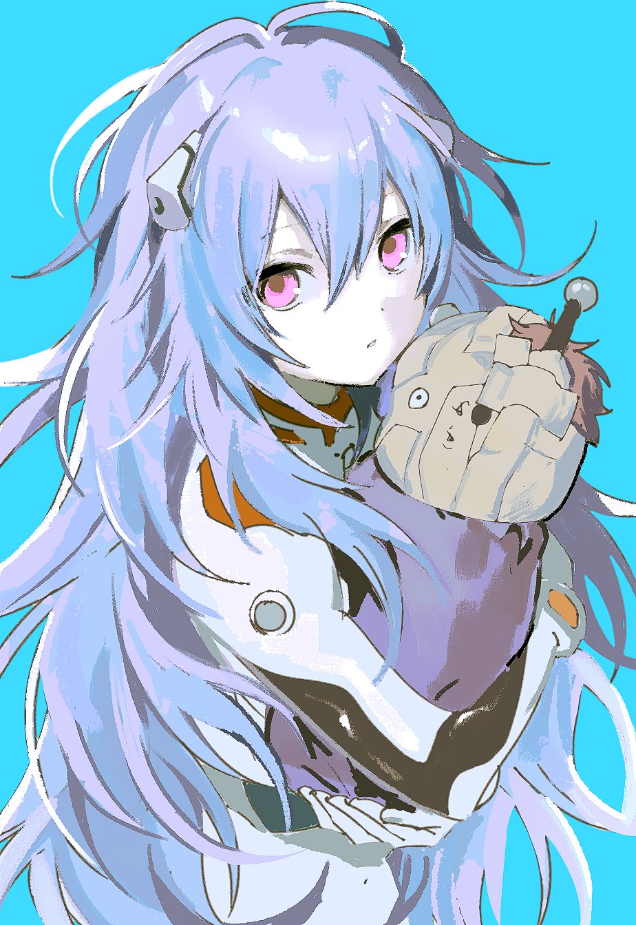 1girl, ayanami_rei, blue_background, blue_hair, bodysuit, deezydays, evangelion:_3.0+1.0_thrice_upon_a_time, expressionless