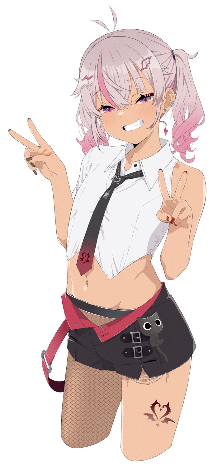 1girl, akitetsu, crop_top, double_v, fishnets, flat_chest, gradient_hair, grey_hair