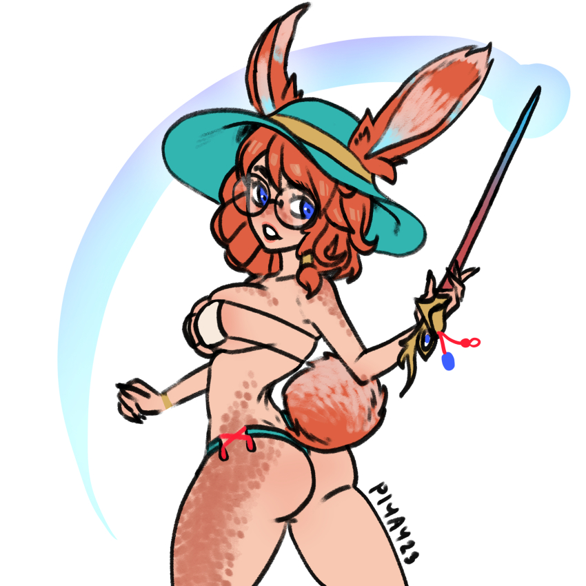 animal_ears, artist_name, ass, aurora_(league_of_legends), bikini, blue_eyes, body_freckles, bracelet