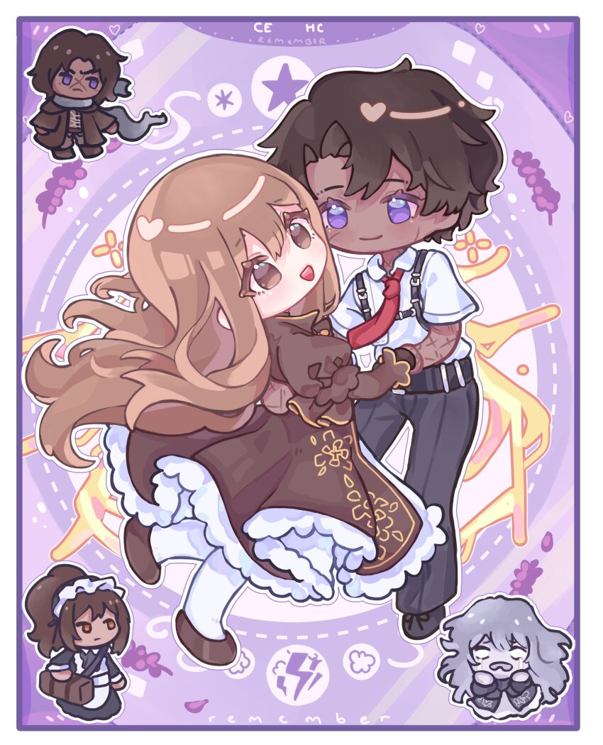 2boys, 3girls, absurdres, belt, black_belt, black_pants, black_shoes, brown_dress