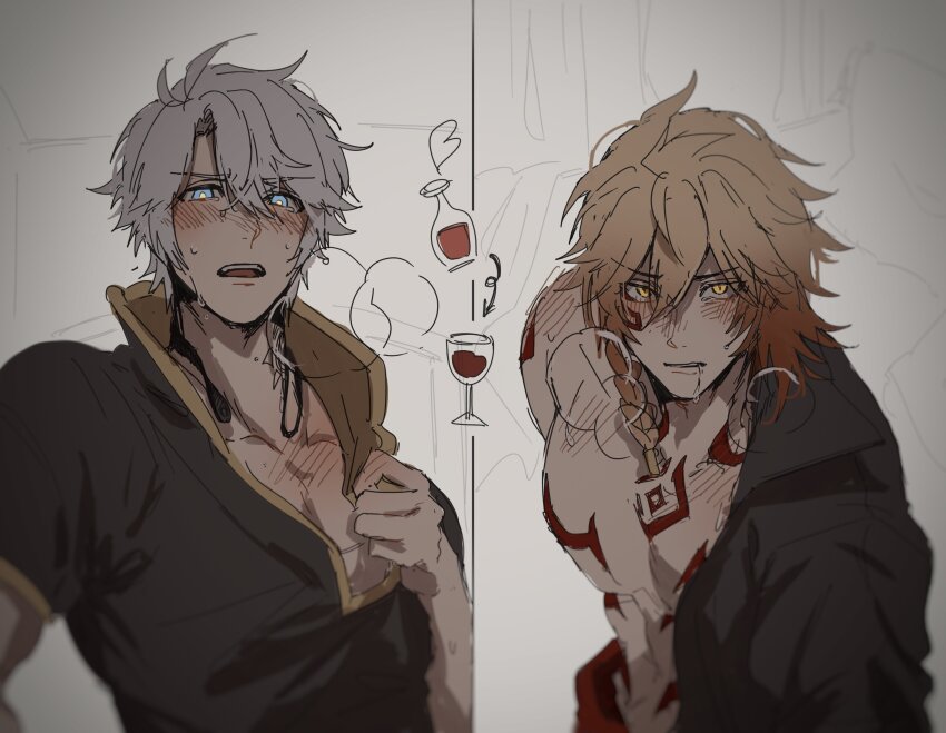 2boys, absurdres, blue_eyes, blush, drooling, drunk, ggtnnk, grey_hair