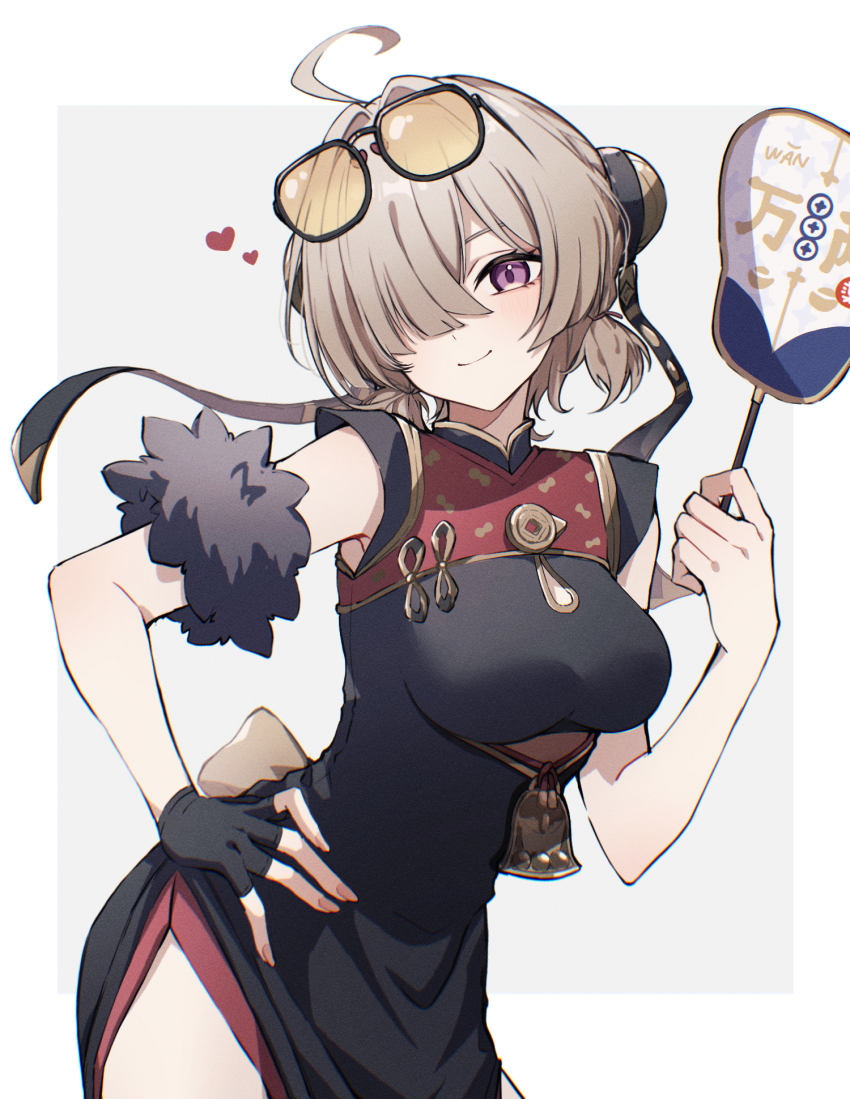 1girl, ahoge, black_gloves, border, breasts, brown_hair, china_dress, chinese_clothes