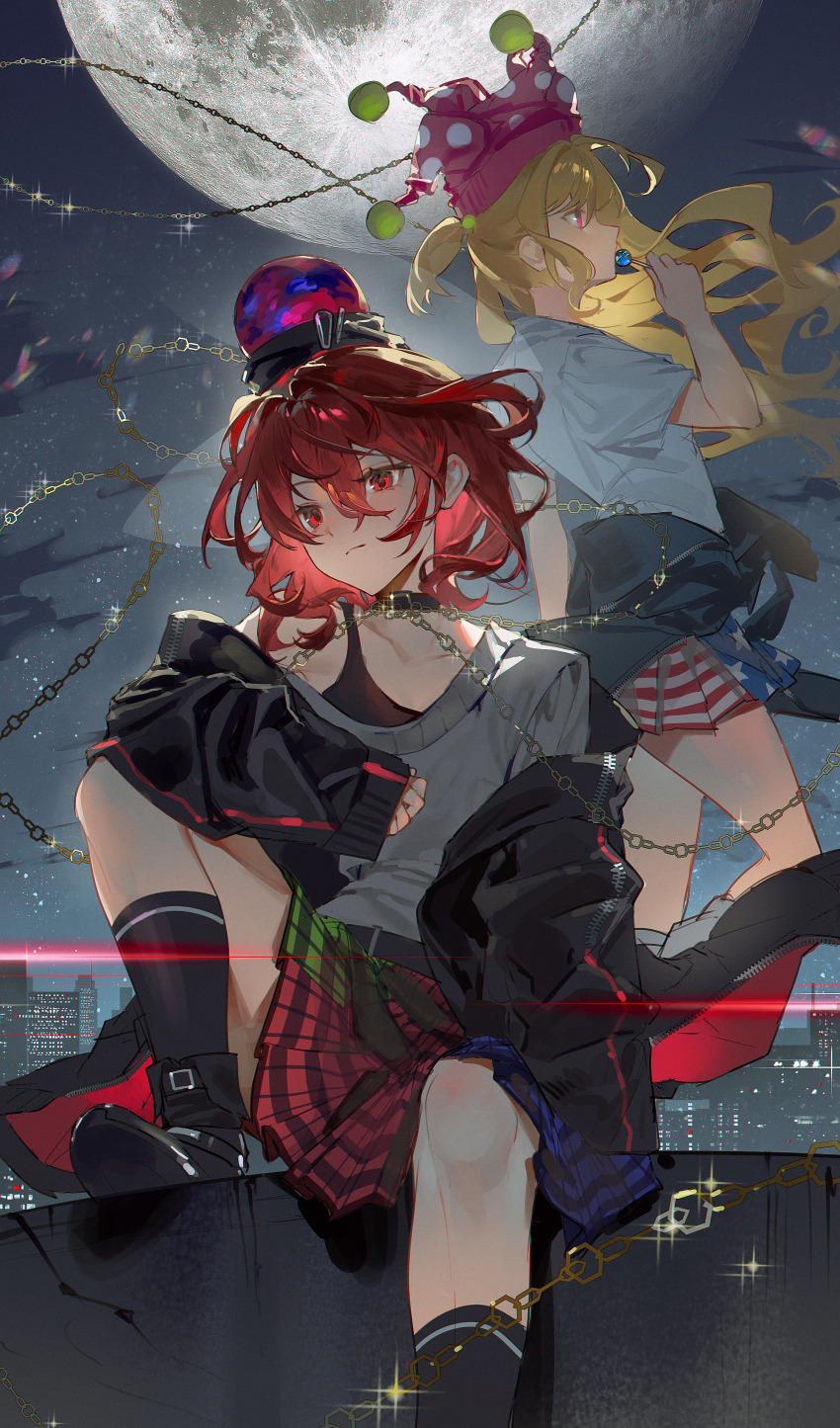 2girls, absurdres, american_flag_dress, black_choker, black_jacket, black_shoes, black_socks, blonde_hair