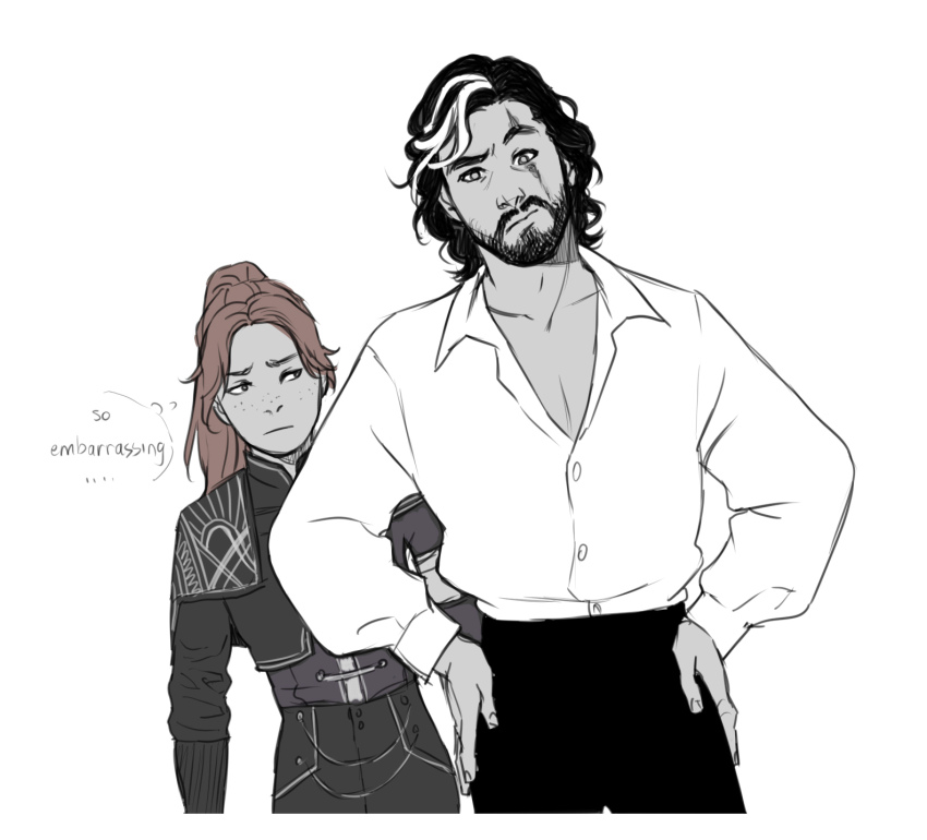 1boy, 1girl, blue_eyes, brown_hair, clair_obscur:_expedition_33, closed_mouth, freckles, highres