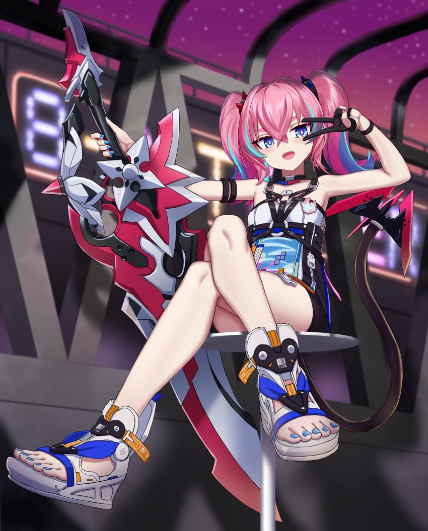 1girl, :d, absurdres, armpits, black_gloves, blue_eyes, blue_nails, blurry