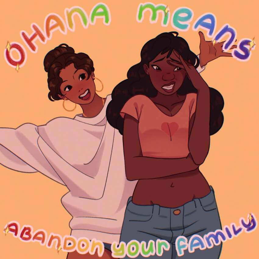 2girls, :d, black_eyes, black_hair, blue_pants, breasts, brown_hair, cleavage