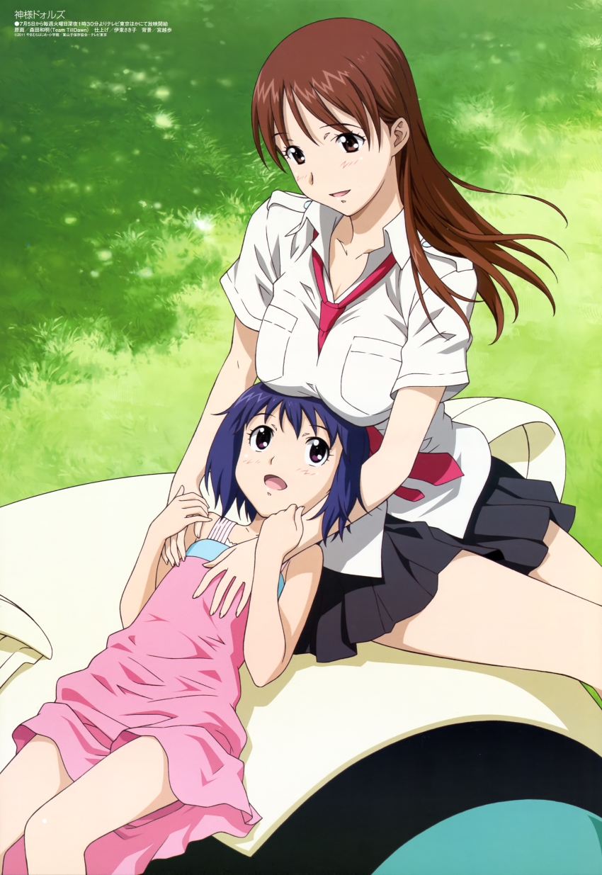 2girls, absurdres, blue_hair, brown_eyes, brown_hair, casual, highres, kamisama_dolls, kuga_utao, kukuri_(kamisama_dolls), legs, megami_magazine, morita_kazuaki, multiple_girls, necktie, non-web_source, official_art, open_mouth, purple_eyes, school_uniform, shiba_hibino, short_hair