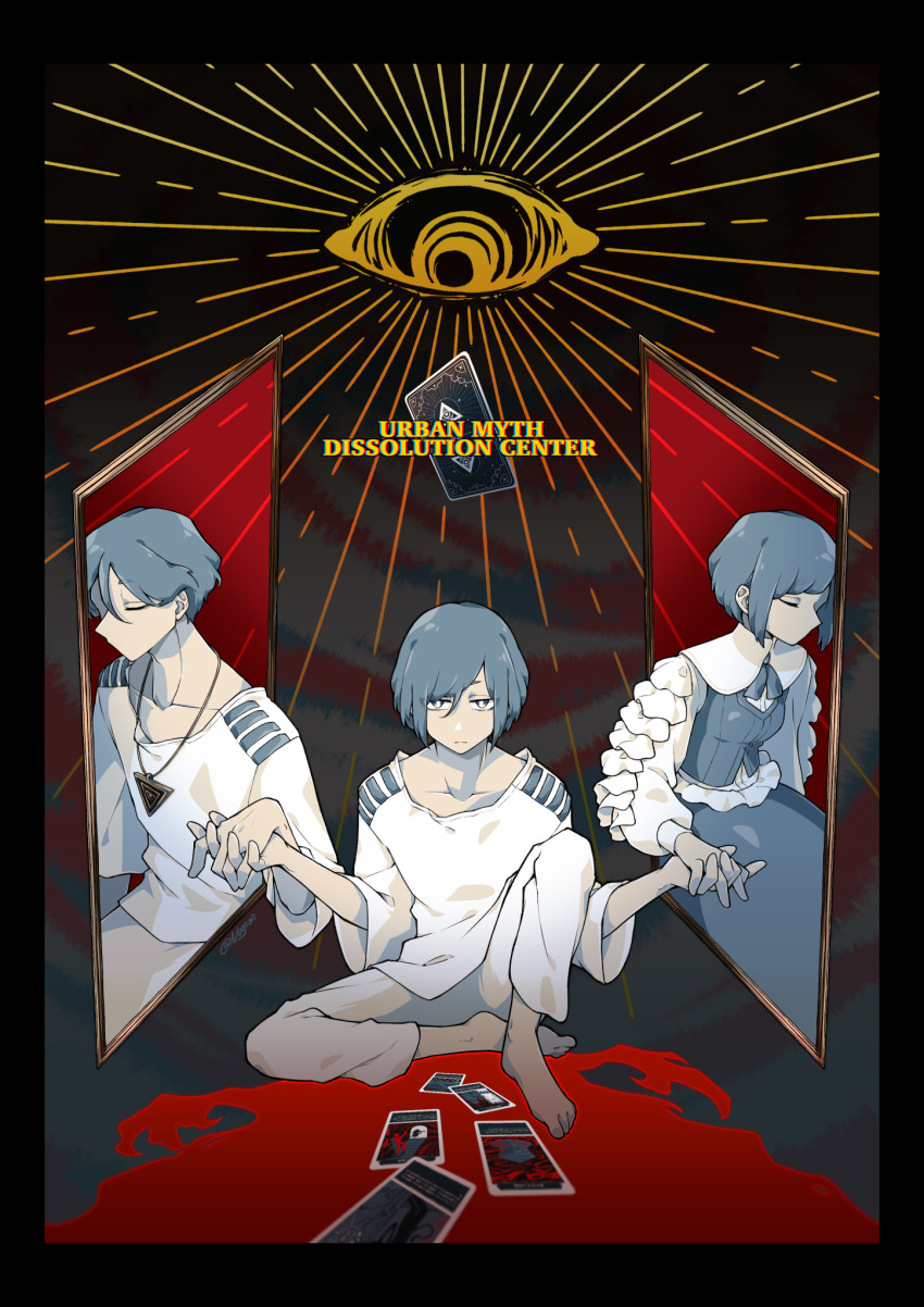 1boy, 2girls, barefoot, blue_hair, blue_skirt, border, card, closed_eyes