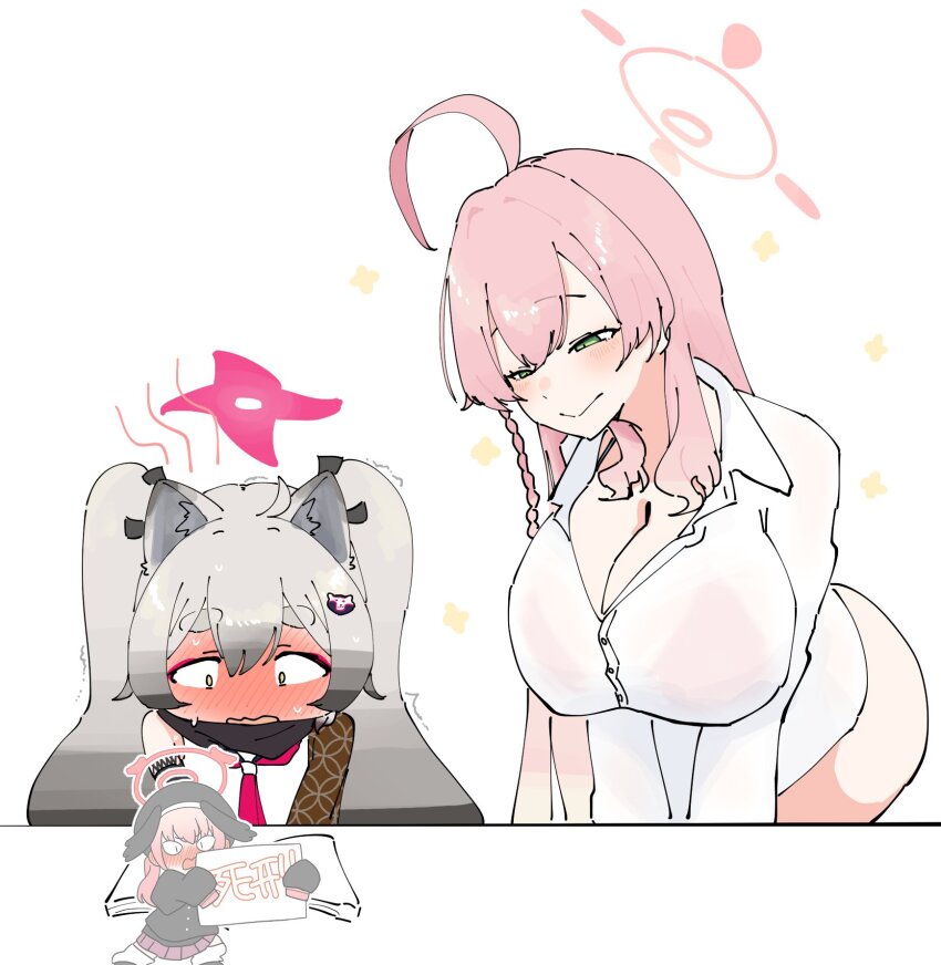 2girls, 3girls, animal_ear_fluff, animal_ears, ass, blue_archive, blush, breasts, embarrassed, flirt_dragoon, grey_hair, halo, hanako_(blue_archive), hanako_(swimsuit)_(blue_archive), head_wings, highres, koharu_(blue_archive), large_breasts, looking_down, michiru_(blue_archive), multiple_girls, naughty_face, pink_hair, pink_halo, shuriken, smile, twintails, weapon, wings