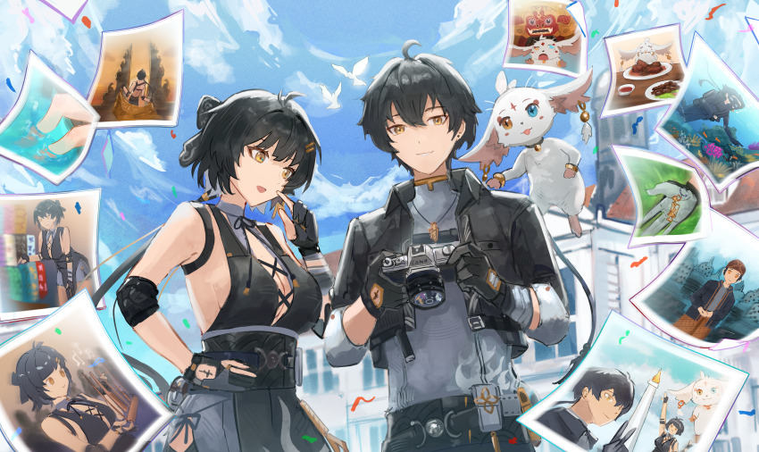 1boy, 1girl, abby_(wuthering_waves), absurdres, black_bow, black_dress, black_gloves, black_hair