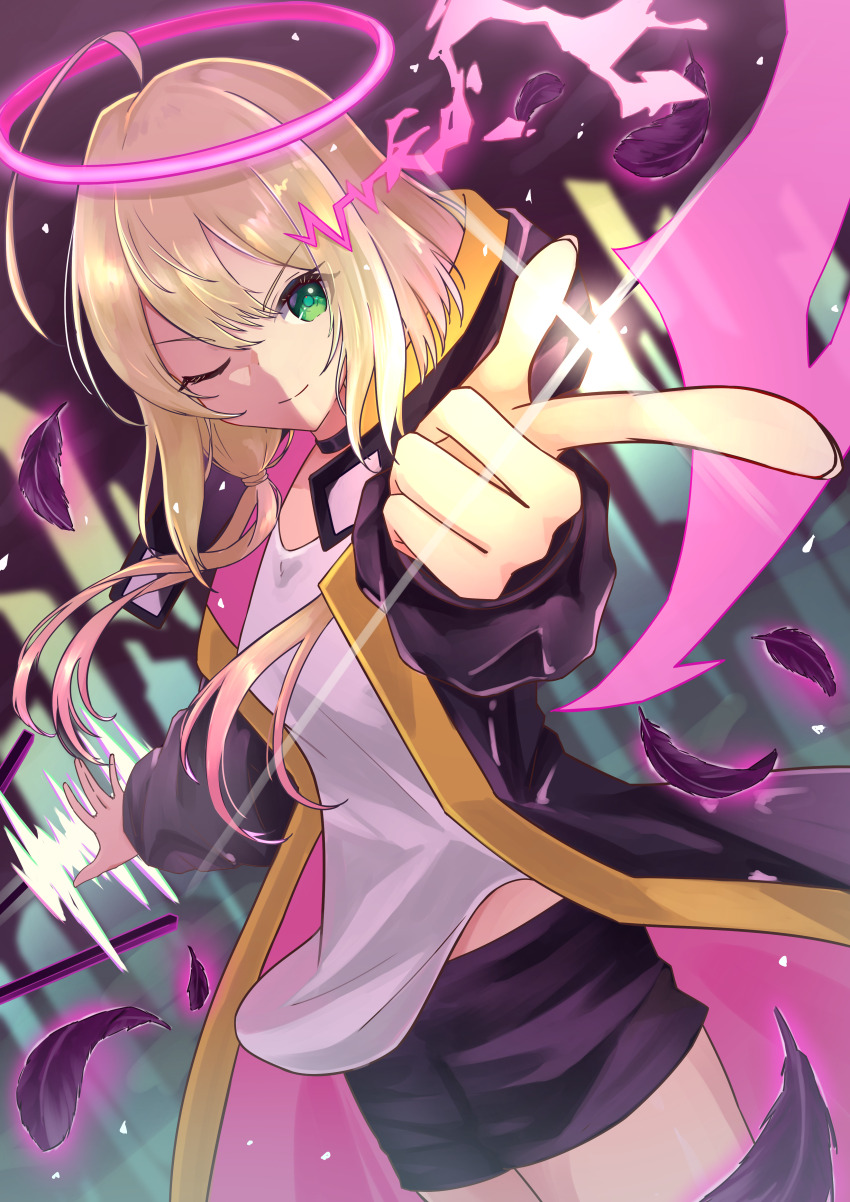 1girl, absurdres, black_hoodie, blonde_hair, elle_(monster_strike), green_eyes, half-closed_eye, halo