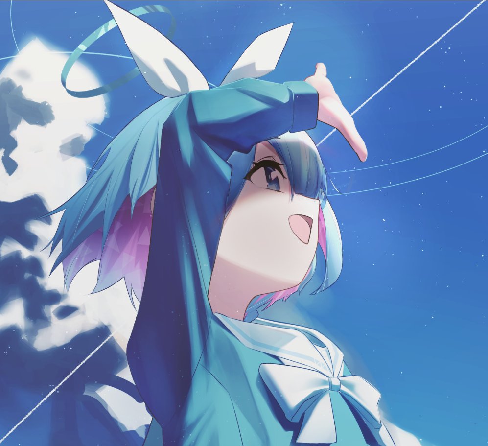 1girl, aiueottoman, arona_(blue_archive), blue_archive, blue_hair, blue_halo, blue_shirt, blue_sky