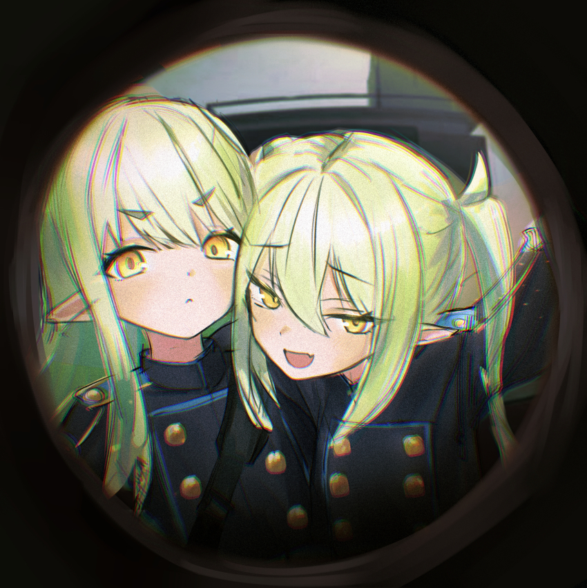 2girls, :<, aiueottoman, black_jacket, blue_archive, closed_mouth, commentary_request, fang, green_hair, highres, hikari_(blue_archive), jacket, long_hair, looking_at_viewer, multiple_girls, nozomi_(blue_archive), open_mouth, pointy_ears, pov_peephole, siblings, sidelocks, sisters, skin_fang, thick_eyebrows, turtleneck, turtleneck_jacket, twins, twintails, v-shaped_eyebrows, yellow_eyes