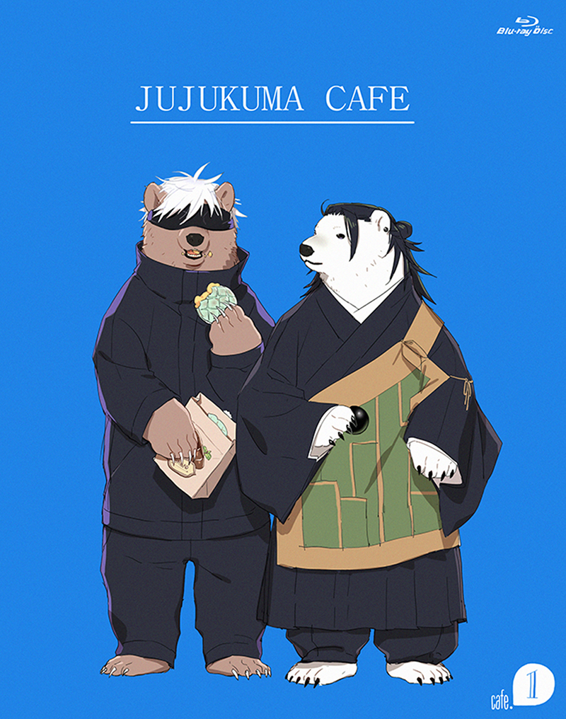 2boys, animalization, bear, black_hair, black_jacket, black_pants, black_robe, blindfold