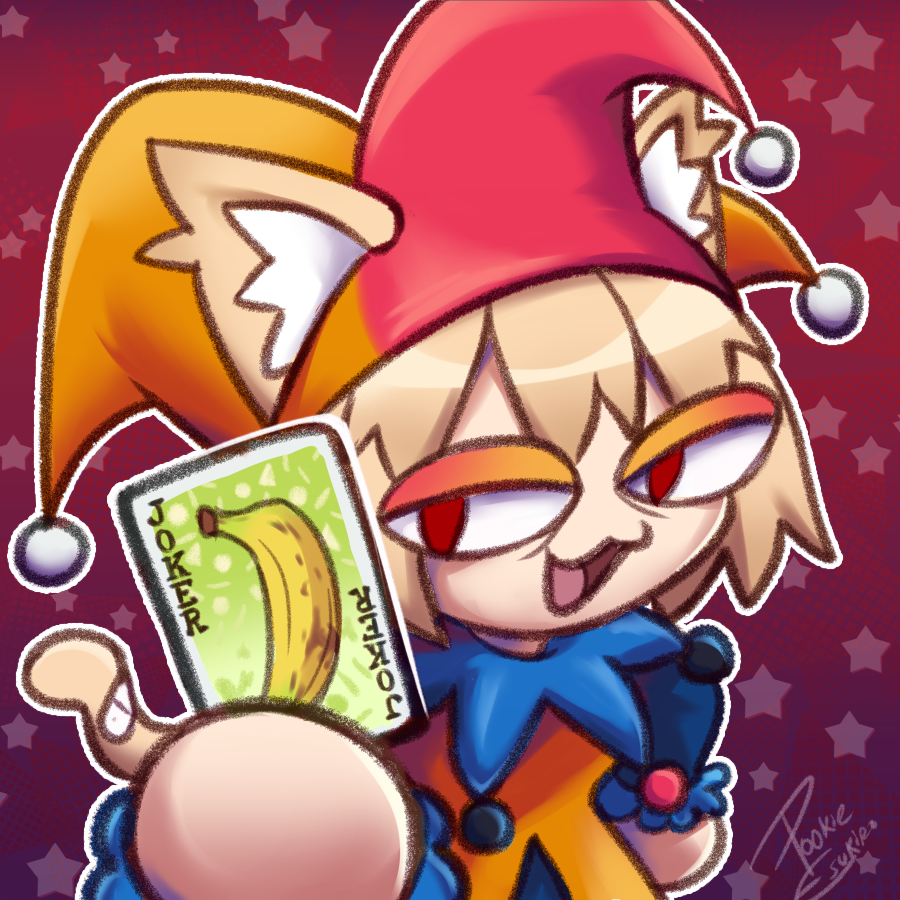 1girl, :3, alternate_costume, animal_ear_fluff, animal_ears, balatro, banana, bandaid, bandaid_on_tail, blonde_hair, card, cat_ears, cat_tail, cosplay, ears_through_headwear, food, fruit, hat, hat_bell, holding, holding_card, jester, jester_cap, jester_costume, jimbo_(balatro), jimbo_(balatro)_(cosplay), joker_(playing_card), looking_at_viewer, neco-arc, neco_spirit, open_mouth, orange_hair, playing_card, pookieesukiro, red_eyes, red_hat, red_lips, signature, solo, tail, tsukihime, two-tone_hat, white_fur