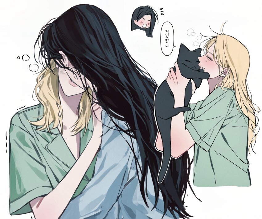 2girls, aespa, black_cat, black_hair, blonde_hair, blue_shirt, cat, flying_sweatdrops