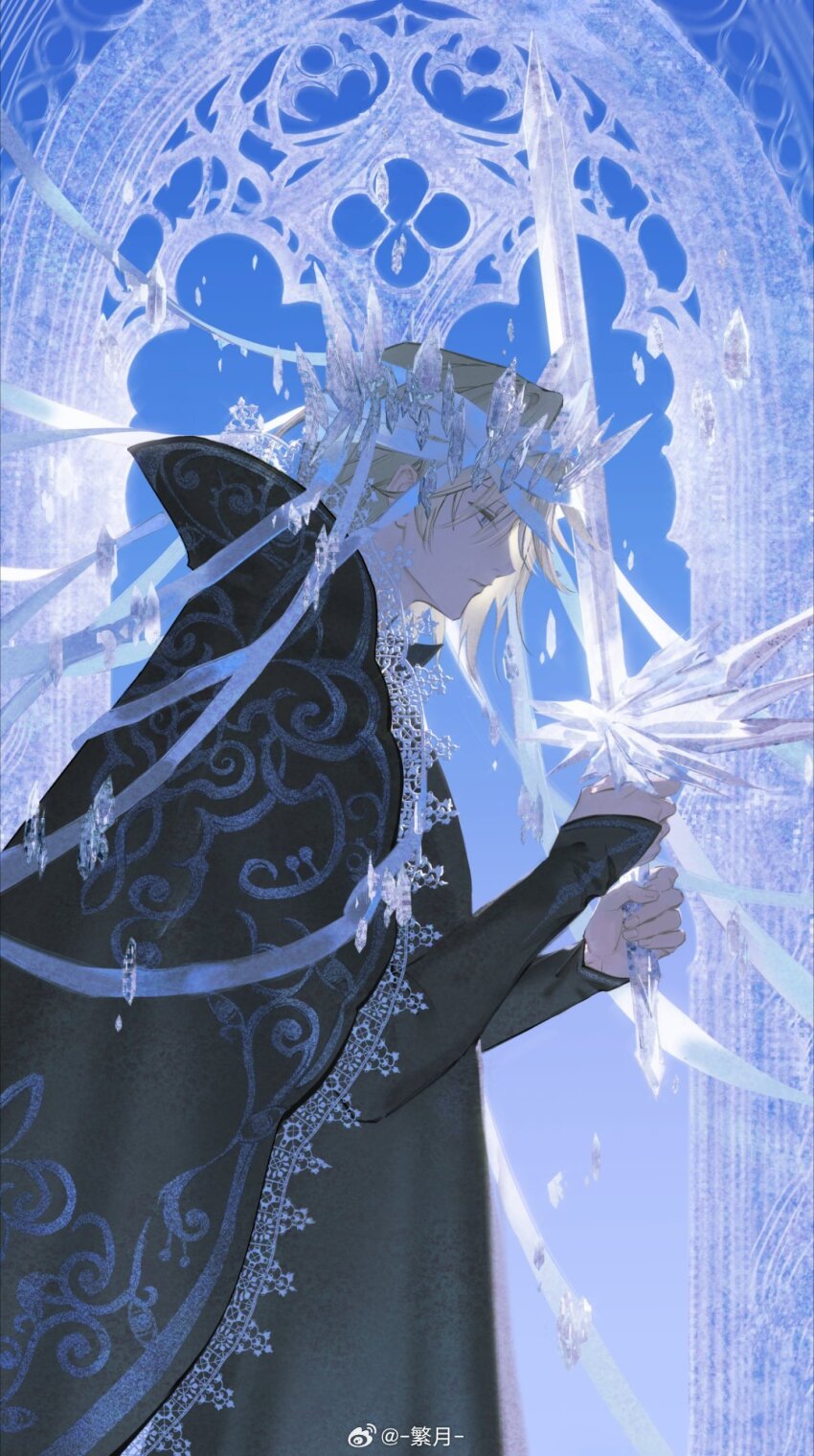 1boy, arched_window, bandaged_head, bandages, black_cape, black_robe, blonde_hair, blue_eyes