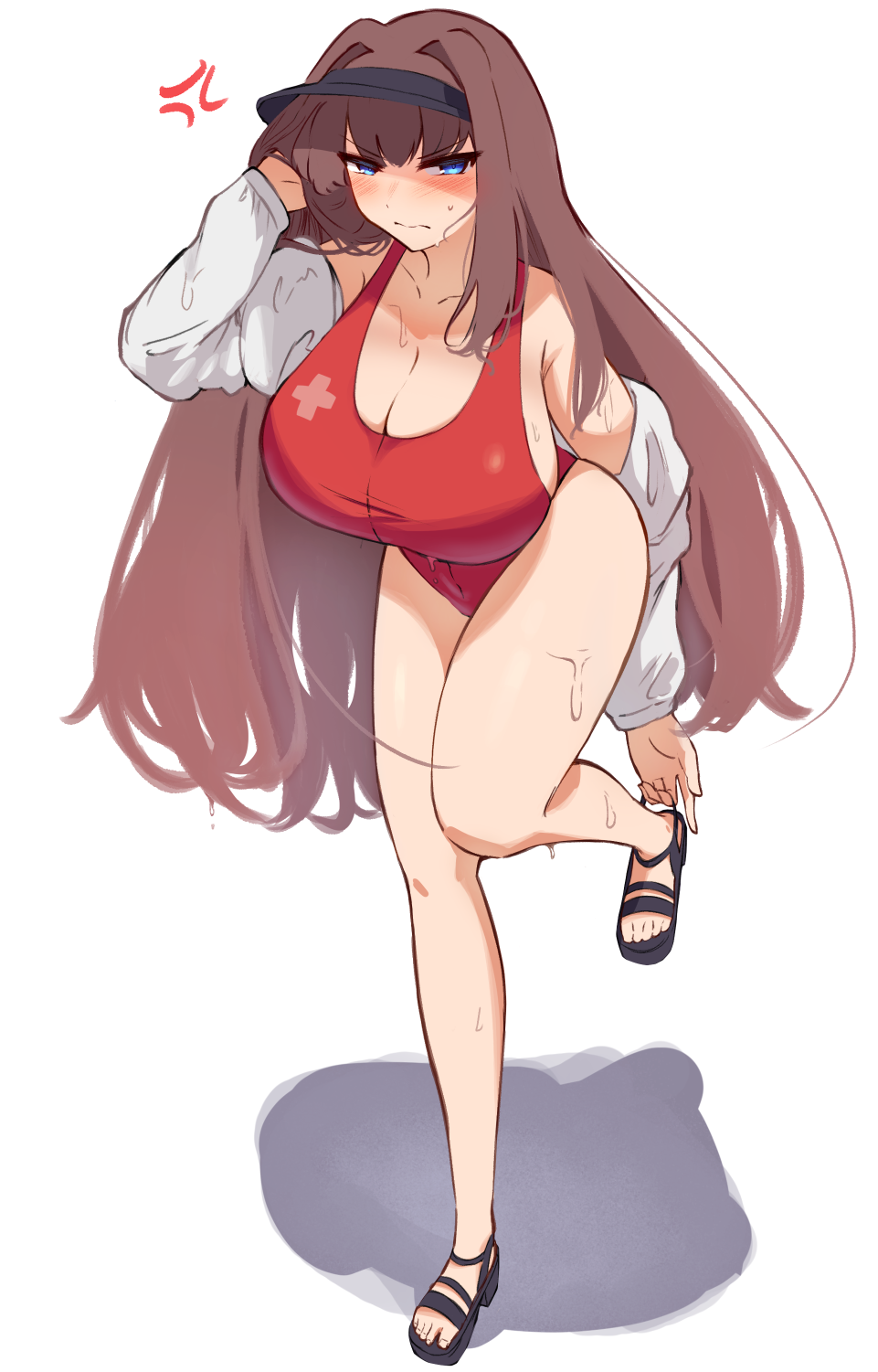 1girl, aozaki_aoko, bare_shoulders, blue_eyes, blush, breasts, brown_hair, cleavage