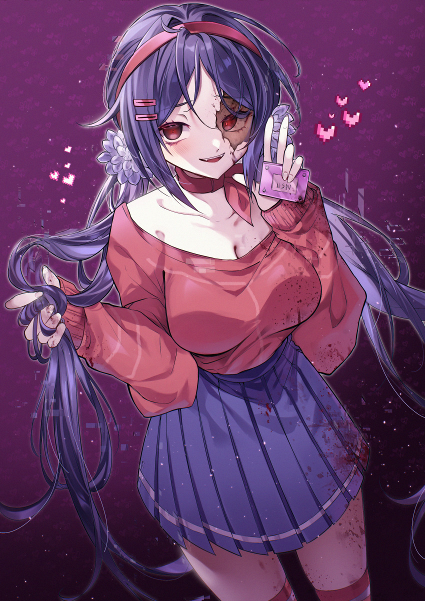 1girl, absurdres, blood, blood_on_clothes, blood_on_face, blue_eyes, blue_skirt, blush