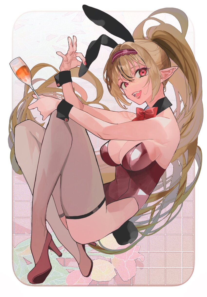 1girl, banbanjiiiiiii, black_wrist_cuffs, blonde_hair, border, bow, bowtie, breasts