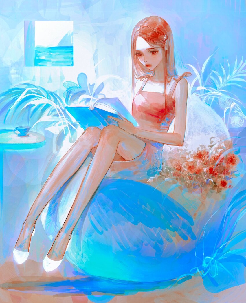 1girl, book, closed_mouth, death_mogi, dress, full_body, hair_behind_ear, highres