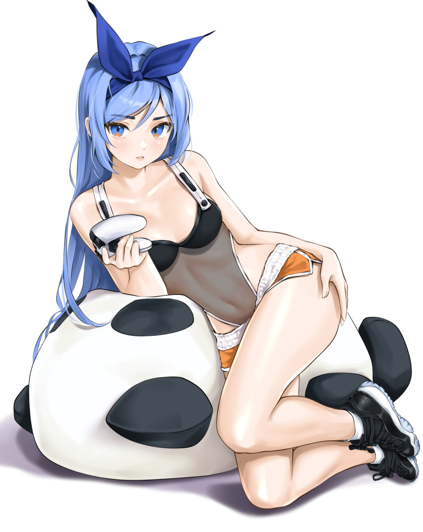 1girl, air_jordan_11, bae_minah_(chaesu), bare_legs, bare_shoulders, black_shoes, blue_eyes, blue_hair
