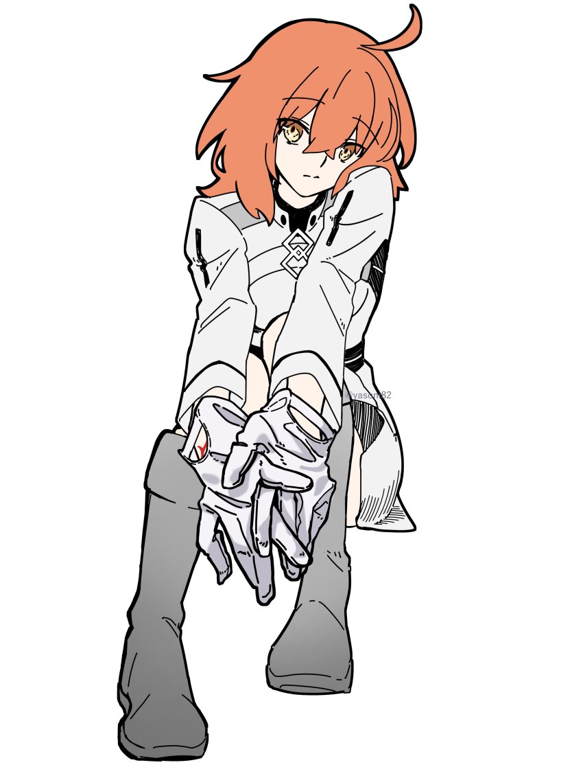 absurdres, ahoge, boots, chaldea_logo, command_spell, expressionless, fate/grand_order, fate_(series), fujimaru_ritsuka_(female), fujimaru_ritsuka_(female)_(decisive_battle_chaldea_uniform), full_body, gloves, grey_boots, head_on_own_shoulder, head_rest, high_collar, highres, long_sleeves, looking_at_viewer, orange_hair, striped_clothes, white_gloves, yasoni82, yellow_eyes