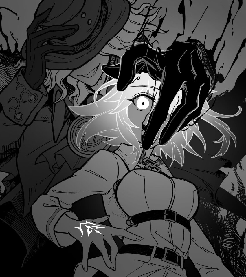 1boy, 1girl, belt, black_gloves, breasts, chaldea_logo, chaldea_uniform, collared_shirt