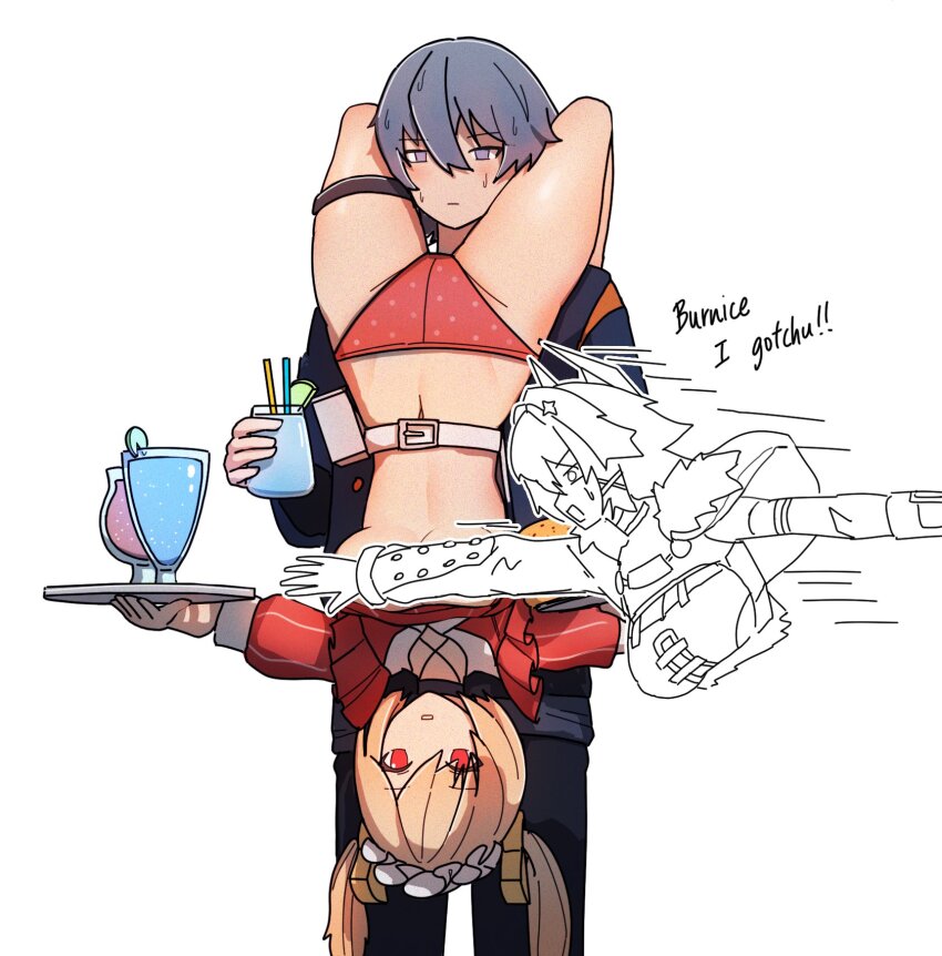 1girl, 2girls, :|, blonde_hair, blush, burnice_white, burnice_white_(operation_yum_2025), caesar_king_(zenless_zone_zero)