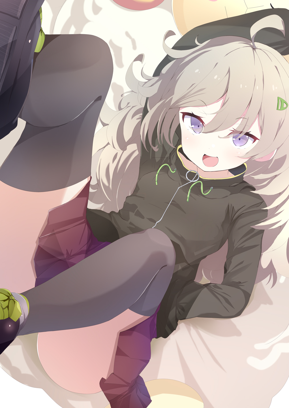 1girl, ahoge, aru_(arudes), black_thighhighs, commentary_request, green_jacket, grey_hair, hibi_wa_sugiredo_meshi_umashi