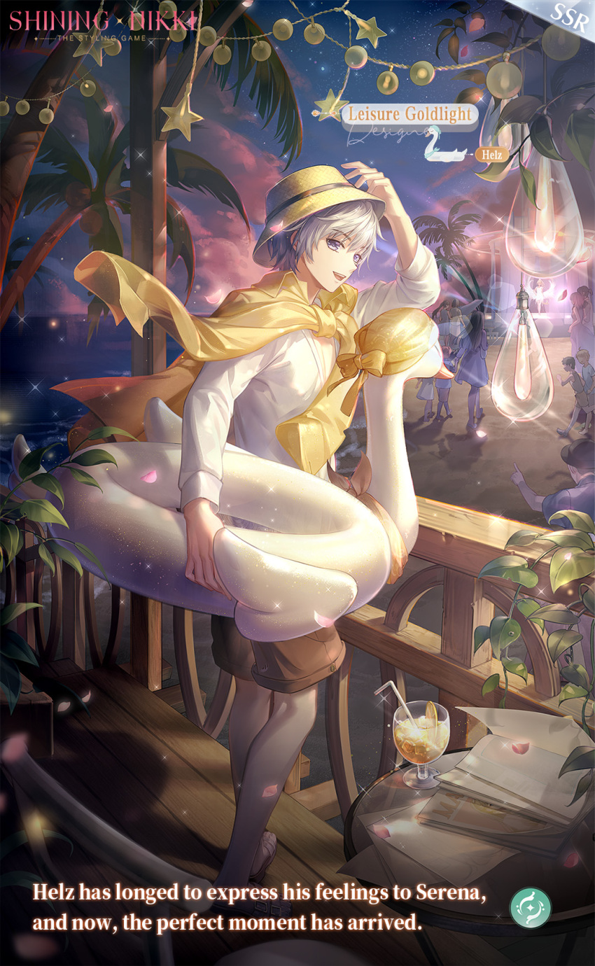 1boy, artist_request, bird, black_sandals, black_shorts, bracelet, card_(medium), ceiling_light, character_name, cloud, commentary, copyright_name, english_commentary, english_text, floating_clothes, full_body, grey_eyes, grey_hair, hand_on_headwear, happy, hat, helz_(shining_nikki), highres, holding, holding_swim_ring, innertube, jacket, jacket_on_shoulders, jewelry, light_particles, light_rays, logo, long_sleeves, male_focus, mole, nikki_(series), ocean, official_art, open_mouth, outdoors, palm_tree, people, petals, sandals, seagull, second-party_source, shining_nikki, shirt, short_hair, shorts, star_(symbol), string_of_light_bulbs, summer, sunset, swim_ring, teeth, tree, upper_teeth_only, white_shirt, wind, yellow_hat, yellow_jacket