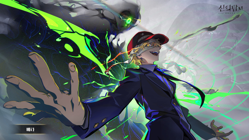 1boy, bandaged_head, bandages, beta_(tower_of_god), blonde_hair, blue_necktie, blue_suit, fingernails, formal_clothes, game_cg, glowing, glowing_eyes, green_wings, hat, highres, long_sleeves, looking_at_viewer, monster, necktie, open_mouth, red_hat, short_hair, simple_background, smile, solo, suit, teeth, tower_of_god, tower_of_god:_great_journey, uoongpig, upper_teeth_only, wings, yellow_eyes