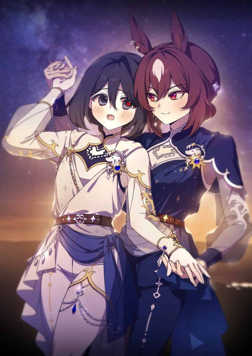 2girls, :o, absurdres, alternate_hairstyle, animal_ears, asymmetrical_pants, belt, black_eyes