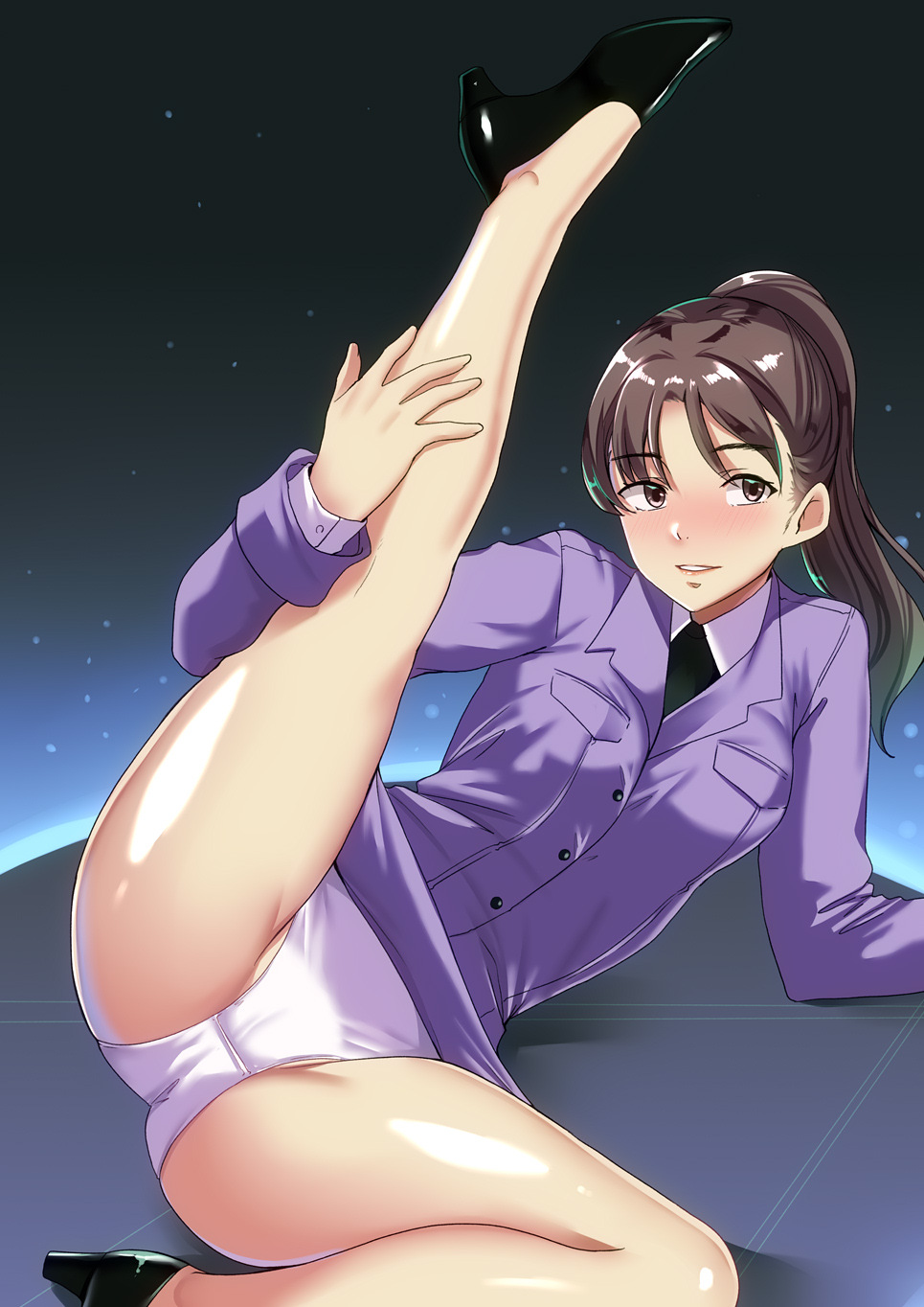 1girl, blush, breasts, brown_hair, commission, foot_out_of_frame, high_heels, highres