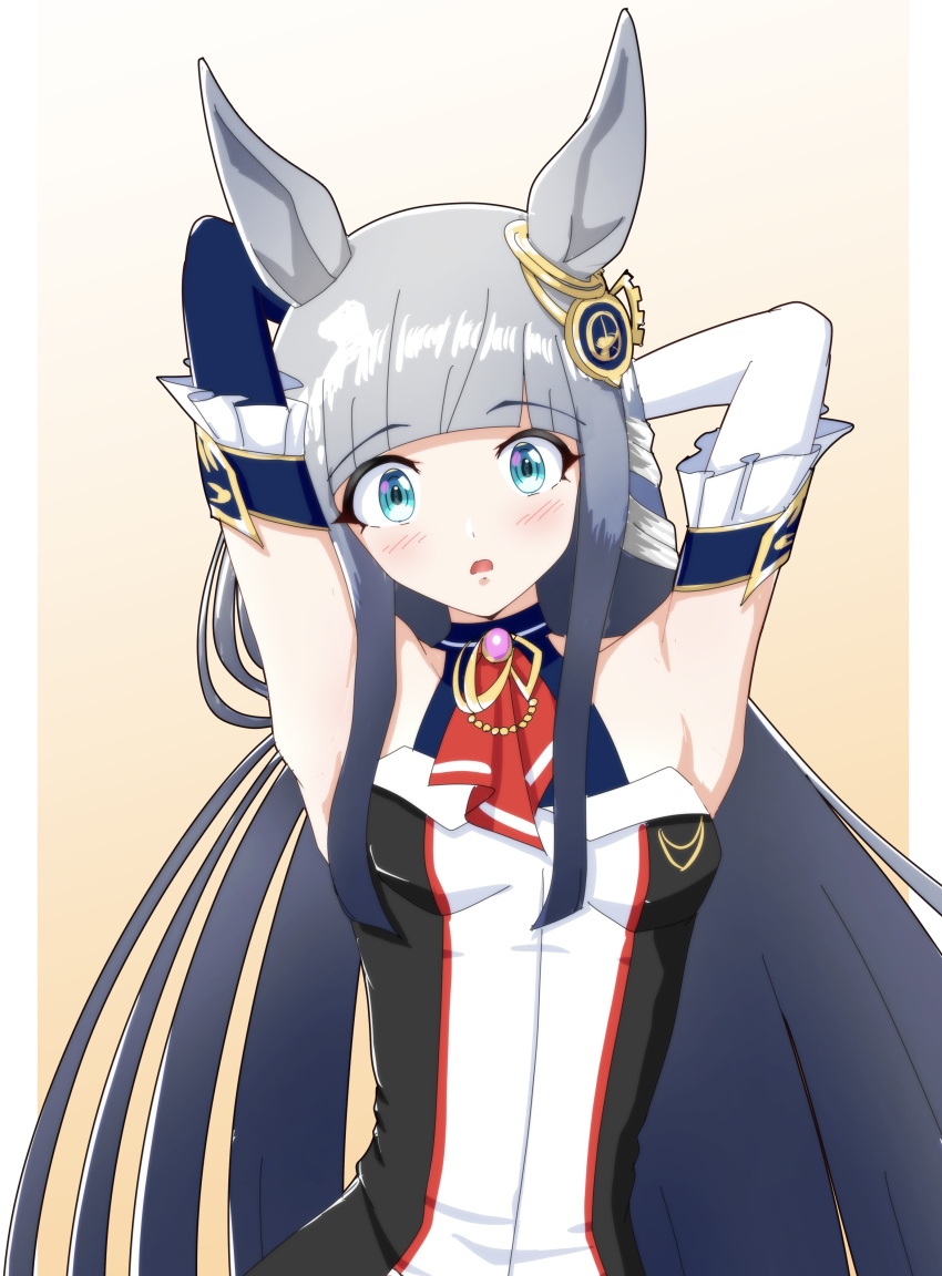 1girl, absurdres, animal_ears, armpits, arms_behind_back, blue_eyes, blunt_bangs, blush