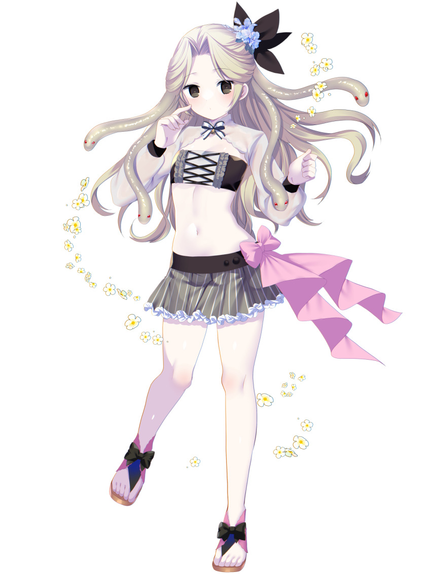 1girl, black_bow, black_eyes, bow, breasts, crop_top, dairoku_ryouhei, flower