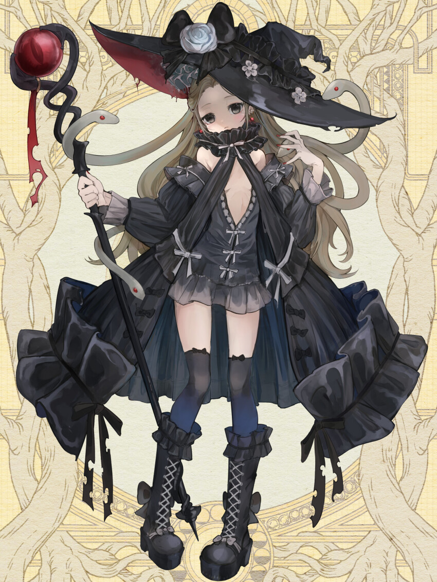 1girl, black_boots, black_eyes, black_hat, black_thighhighs, boots, bow, breasts