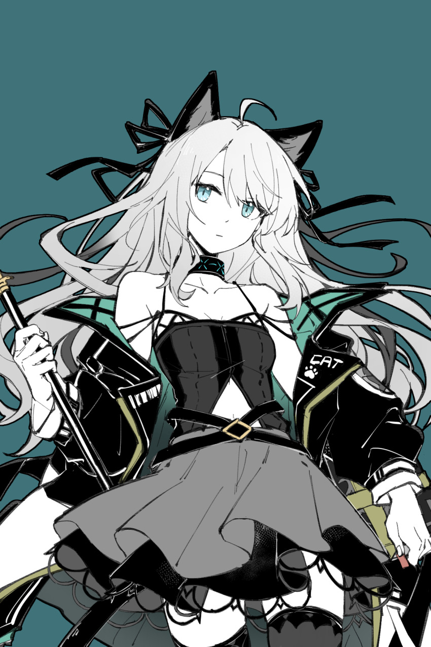 1girl, ahoge, animal_ears, aqua_background, aqua_eyes, arknights, bare_shoulders, breasts, camisole, chinese_commentary, closed_mouth, collarbone, commentary_request, cowboy_shot, expressionless, hair_ribbon, highres, holding, infection_monitor_(arknights), long_hair, long_sleeves, looking_at_viewer, medium_breasts, mint_(arknights), navel, off_shoulder, partial_commentary, partially_colored, piaoliu_ping_ping_ping_pingzi, ribbon, simple_background, skirt, solo, spaghetti_strap, standing, thighhighs