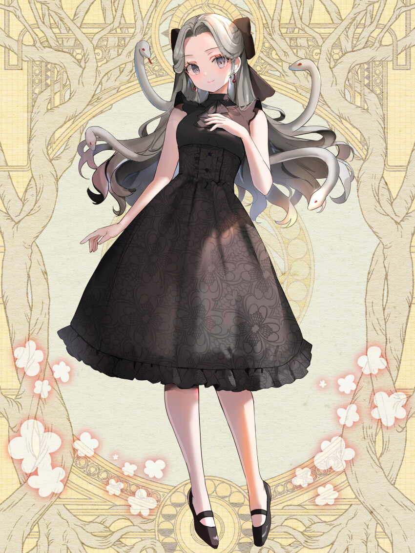 1girl, black_bow, black_dress, black_shoes, bow, breasts, dairoku_ryouhei, dress