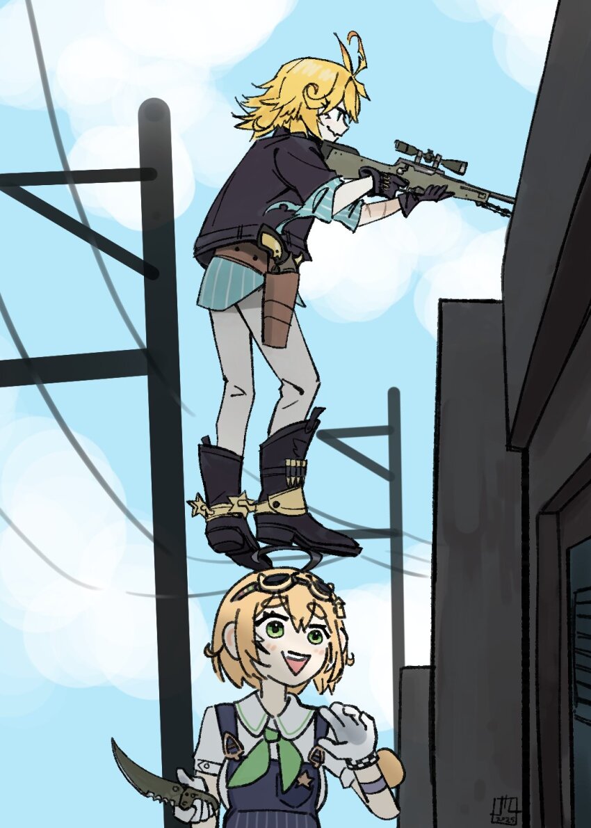 2girls, :d, ahoge, aqua_shirt, belt, black_boots, black_gloves, black_jacket