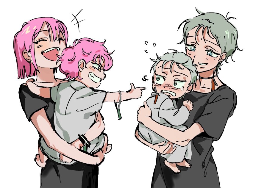 +++, 1boy, 3girls, aged_down, aiming, alien_stage, barefoot, black_dress, carrying, carrying_person, closed_eyes, commentary, dress, finger_gun, flying_sweatdrops, green_eyes, grey_hair, hashtag-only_commentary, highres, io_(alien_stage), laughing, mizi's_mother_(alien_stage), mizi_(alien_stage), mother_and_child, mother_and_daughter, mother_and_son, multiple_girls, open_mouth, parent_and_child, pink_hair, short_hair, short_sleeves, smile, sunnyirry, tears, till_(alien_stage), very_short_hair, white_dress, yellow_eyes