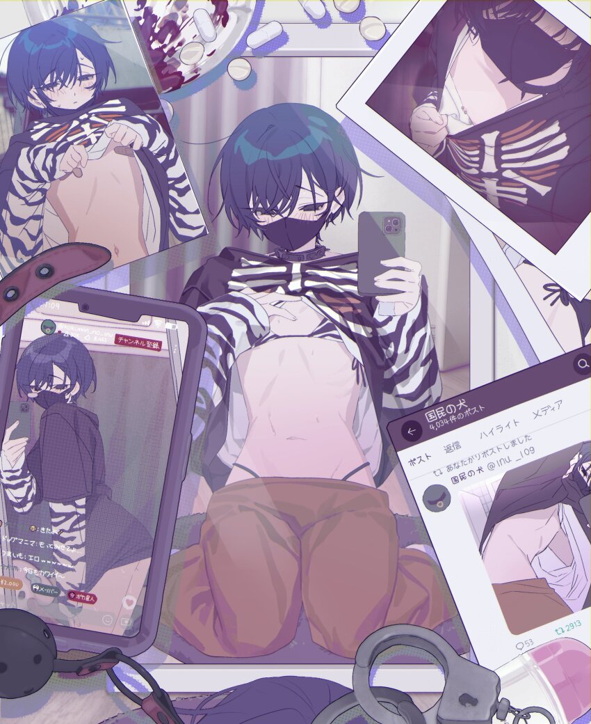 1boy, bandaid, bandaids_on_nipples, bikini, bikini_under_clothes, black_hair, blush, cellphone, charisma_house, choker, clothes_lift, crossdressing, crossdressing_(mtf), cuffs, handcuffs, highres, long_sleeves, male_focus, mask, motohashi_iori, mouth_mask, nipple_piercing, pasties, phone, piercing, poca_0422, selfie, shirt_lift, short_hair, smartphone, spiked_choker, spikes, swimsuit, trap, twitter