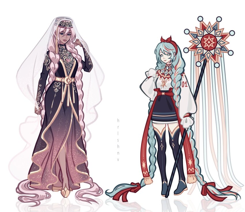 2girls, absurdly_long_hair, absurdres, alternate_skin_color, artist_name, black_dress, black_hat, blonde_hair