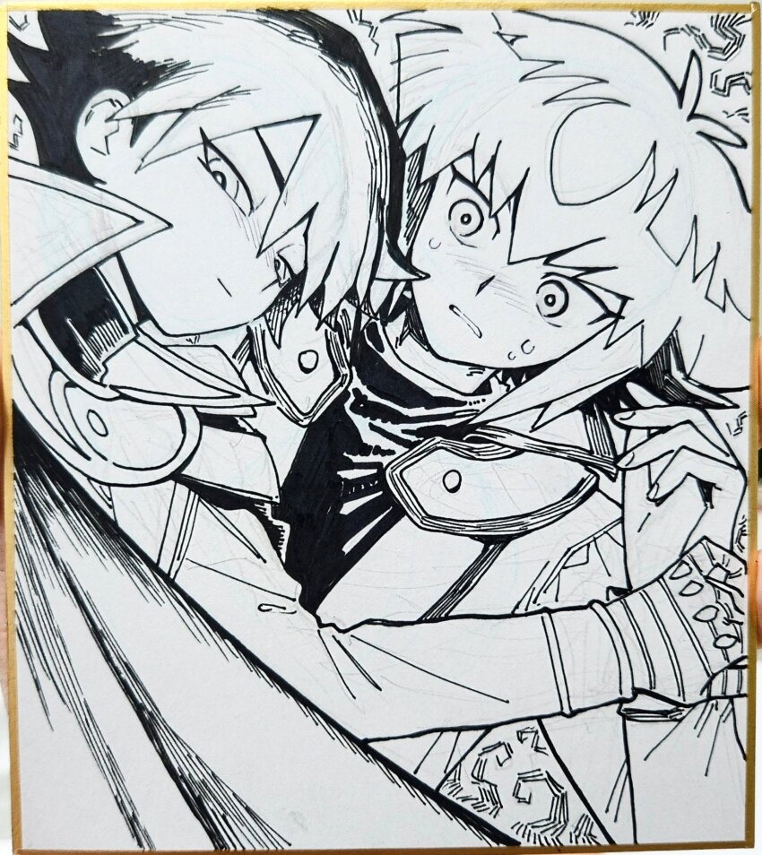 2boys, duel_academy_uniform_(yu-gi-oh!_gx), highres, jacket, kanou_martin, looking_at_viewer, male_focus, multiple_boys, photo_(medium), shikishi, short_hair, tawashipurin, upper_body, yu-gi-oh!, yu-gi-oh!_gx, yuki_judai